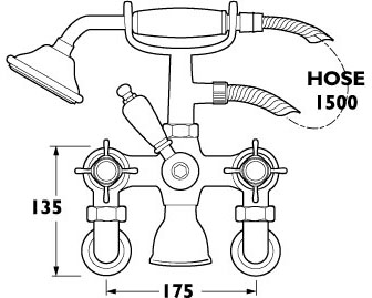 Technical image of Deva Imperial Wall Mounted Bath Shower Mixer Tap With Shower Kit (Gold).