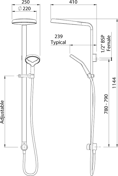 Technical image of Methven Kaha Concealed Thermostatic Shower Valve & Alo Shower System.