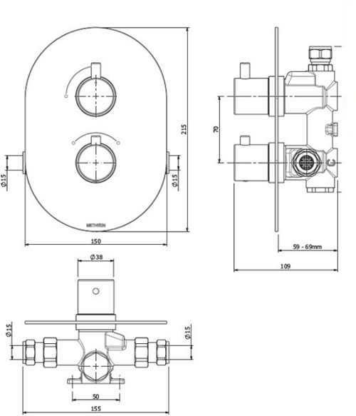 Technical image of Methven Kaha Concealed Thermostatic Mixer Shower Pack (Matt Black).