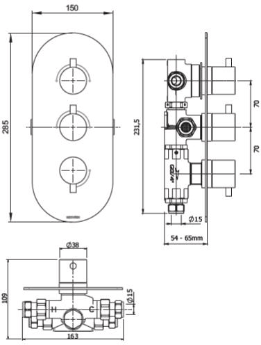 Technical image of Methven Kaha Concealed Thermostatic Mixer Shower Valve (ABS, 3 Outlets).