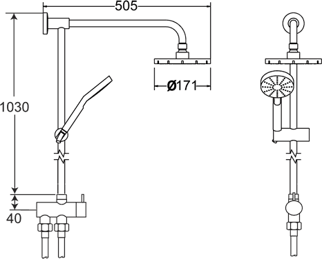 Technical image of Deva Shower Kits Modern Rigid Riser Kit With 7" Head & Handset (Chrome).