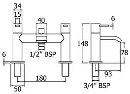 Technical image of Deva Linx Bath Shower Mixer Tap With Shower Kit And Wall Bracket (Chrome).