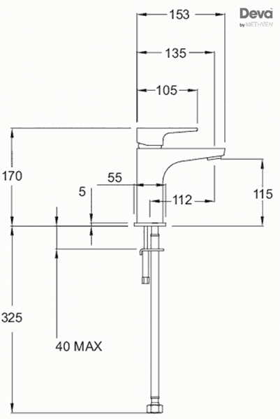 Technical image of Deva Lush Mono Basin Mixer Tap With Press Top Waste (Chrome).