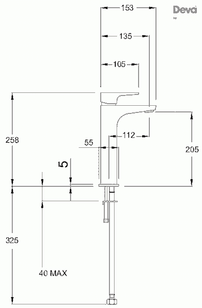 Technical image of Deva Lush Tall Mono Basin Mixer Tap (Chrome).