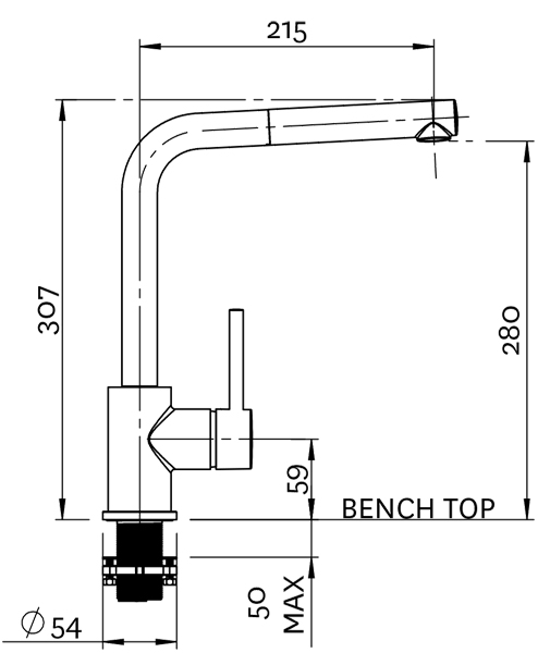 Technical image of Methven Kitchen Metro Pull Out Mixer Kitchen Tap (Chrome).