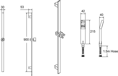 Technical image of Deva Shower Kits Minimalistic Square Riser Rail With Handset (Chrome).