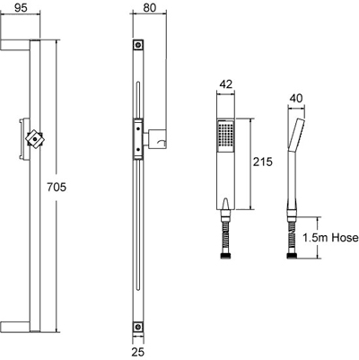 Technical image of Deva Shower Kits Minimalistic Square Riser Rail With Handset (Chrome).