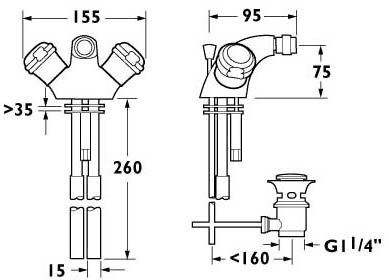 Technical image of Deva Pelican Mono Bidet Mixer Tap With Pop Up Waste (Chrome).