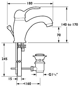 Technical image of Deva Provence Mono Basin Mixer Tap With Pop Up Waste (Chrome).