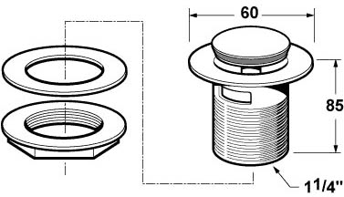 Technical image of Deva Wastes 1 1/4" Push Button Basin Waste (Slotted, Chrome).