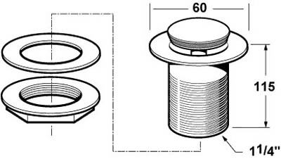 Technical image of Deva Wastes 1 1/4" Push Button Basin Waste (Unslotted, Chrome).