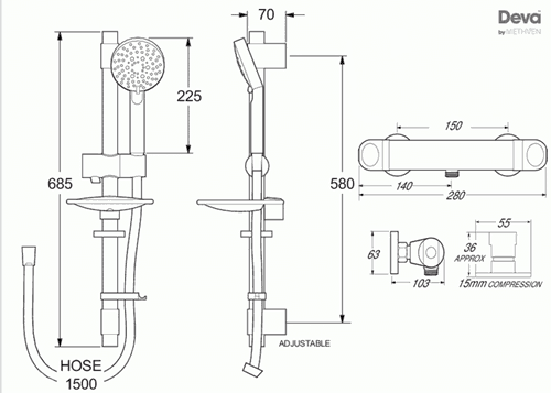 Technical image of Deva Response Thermostatic Bar Shower Valve With Multi Mode Kit.