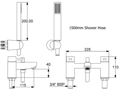 Technical image of Deva Rubic Bath Shower Mixer Tap With Shower Kit (Chrome).