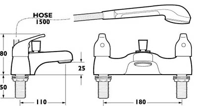 Technical image of Deva Revelle Bath Shower Mixer Tap With Shower Kit (Chrome).