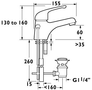 Technical image of Deva Revelle Mono Basin Mixer Tap With Side Pop Up Waste (Chrome).