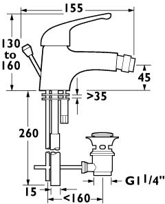 Technical image of Deva Revelle Mono Bidet Mixer Tap With Pop Up Waste (Chrome).