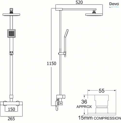 Technical image of Deva Savvi Modern Thermostatic Bar Shower Valve With Rigid Riser Kit.