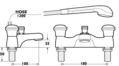 Technical image of Deva Senate Bath Shower Mixer Tap With Shower Kit (Gold).