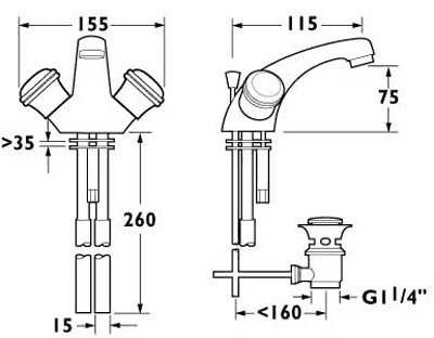 Technical image of Deva Senate Mono Basin Mixer Tap With Pop Up Waste (Gold).