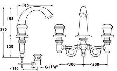 Technical image of Deva Senate 3 Hole Basin Mixer Tap With Pop Up Waste (Gold).