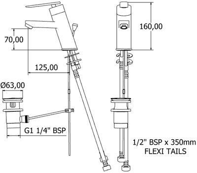 Technical image of Deva Sesto Mono Basin Mixer Tap With Pop Up Waste (Chrome).