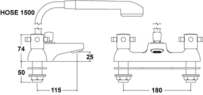 Technical image of Deva Sicilian Bath Shower Mixer Tap With Shower Kit.