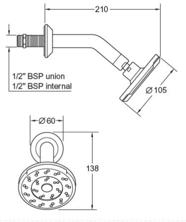 Technical image of Deva Satinjet Kiri Wall Mounted Shower Head & Arm (Chrome & Slate).