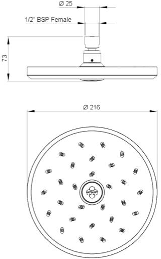 Technical image of Methven Kiri Satinjet Overhead Shower Head (Chrome & Graphite).