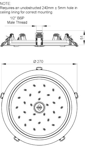 Technical image of Methven Kiri Satinjet Flush Mounted Shower Head (Chrome & Graphite).