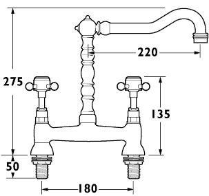 Technical image of Deva Rivieri Bridge Sink Mixer with Swivel Spout (Gold)