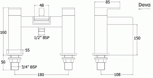 Technical image of Deva Sparkle Waterfall Bath Shower Mixer Tap With Shower Kit (Chrome).