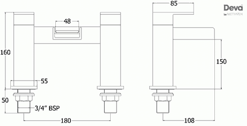 Technical image of Deva Sparkle Waterfall Bath Filler Tap (Chrome).