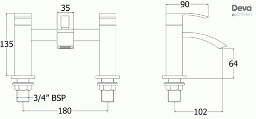 Technical image of Deva Swoop Basin & Bath Shower Mixer Tap Set (Chrome).