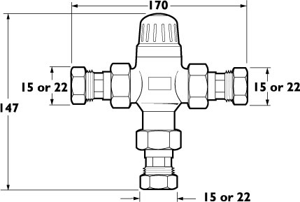 Technical image of Deva Commercial 15/22 Combined Thermostatic Blending Valve.