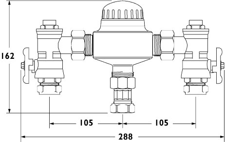 Technical image of Deva Commercial 22mm Thermostatic Blending Valve.