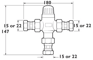 Technical image of Deva Thermostatic TMV2 Combined Thermostatic Blending Valve. 15/22mm.