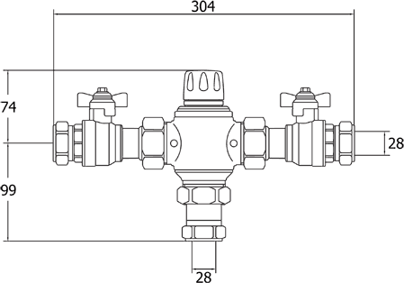 Technical image of Deva Thermostatic TMV2. 28mm Thermostatic Blending Valve.