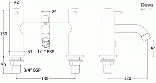 Technical image of Deva Tease Basin & Bath Shower Mixer Tap Set (Chrome).