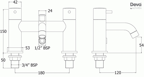 Technical image of Deva Tease Bath Shower Mixer Tap With Shower Kit (Chrome).