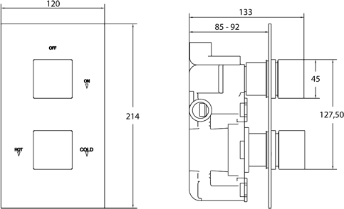 Technical image of Deva DTV2 Thermostatic TMV2 1/2" Twin Concealed Shower Valve (Chrome).