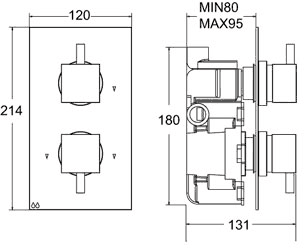 Technical image of Deva TMV2 1/2" Twin Concealed Thermostatic Shower Valve (Chrome).