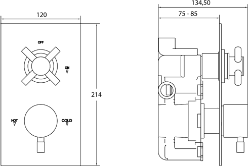 Technical image of Deva DTV2 Thermostatic TMV2 1/2" Twin Concealed Shower Valve (Chrome).