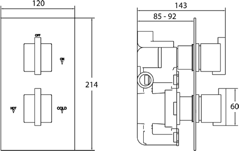 Technical image of Deva DTV2 Thermostatic TMV2 1/2" Twin Concealed Shower Valve (Chrome).