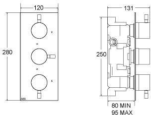 Technical image of Deva TMV2 1/2" Triple Concealed Thermostatic Shower Valve (Chrome).