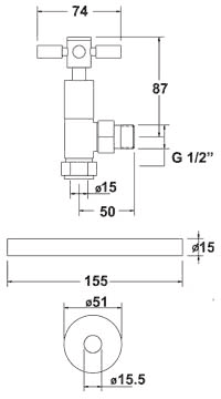 Technical image of TR Rads Angled Cross Head Radiator Valves With Trim (Pair).