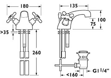 Technical image of Deva Regency Mono Basin Mixer Tap With Pop Up Waste (Chrome).