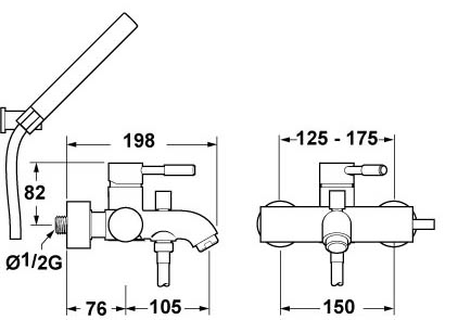 Technical image of Deva Vision Wall Mounted Bath Shower Mixer Tap With Shower Kit.