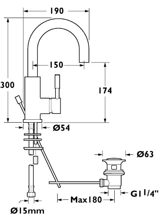 Technical image of Deva Vision Mono Basin Mixer Tap With Swivel Spout And Pop Up Waste.