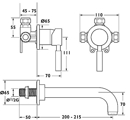 Technical image of Deva Vision 2 Tap Hole Wall Mounted Basin Mixer Tap.