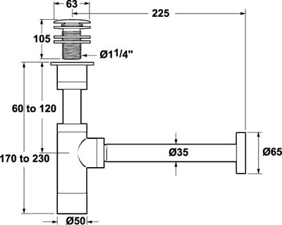 Technical image of Deva Wastes 1 1/4" Bottle Trap (Chrome).